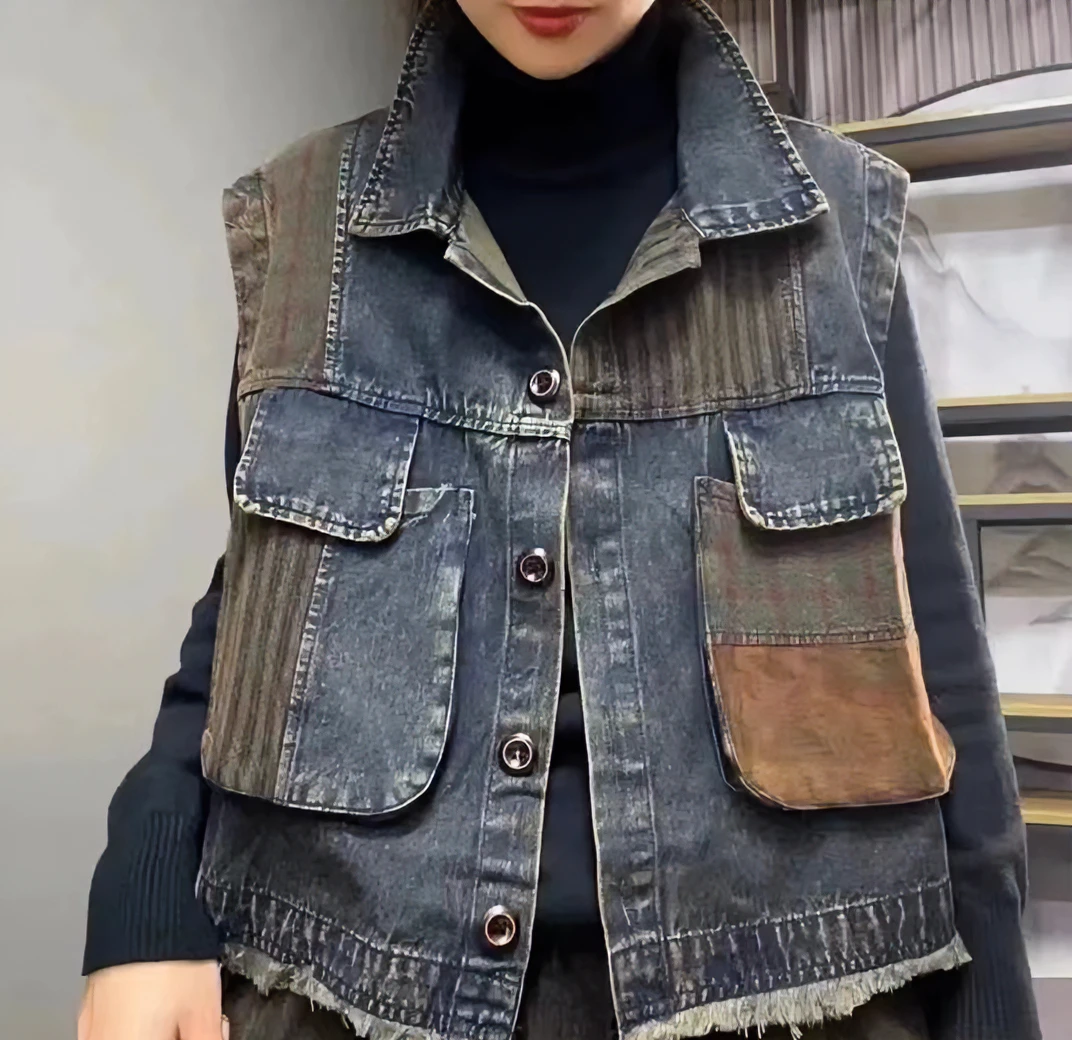 FWS-时尚拼接老布口袋马甲新款春款个性毛边休闲牛仔马夹