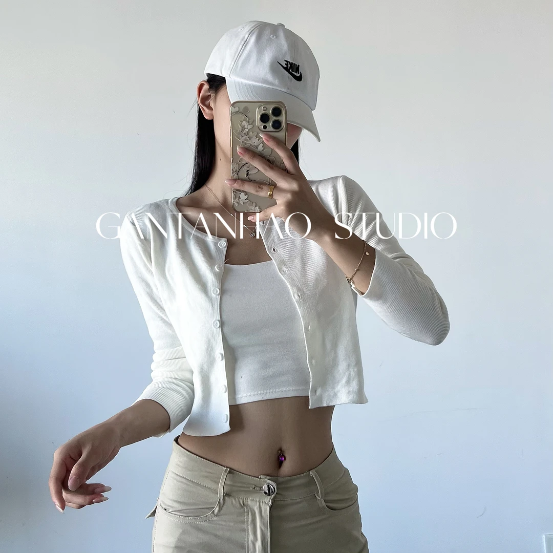 欧美复古针织开衫女秋外搭外套修身长袖T恤初秋新款辣妹短款上衣