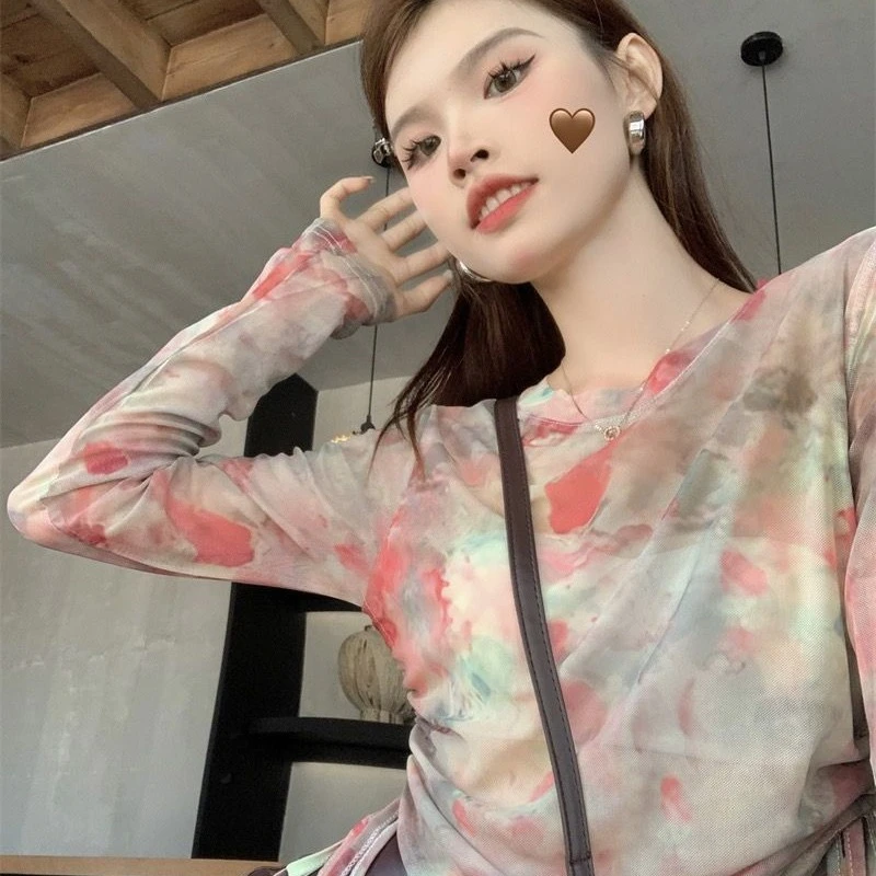 夏日扎染抽绳褶皱圆领防晒T恤2023夏日新款网纱薄款设计感上衣ins