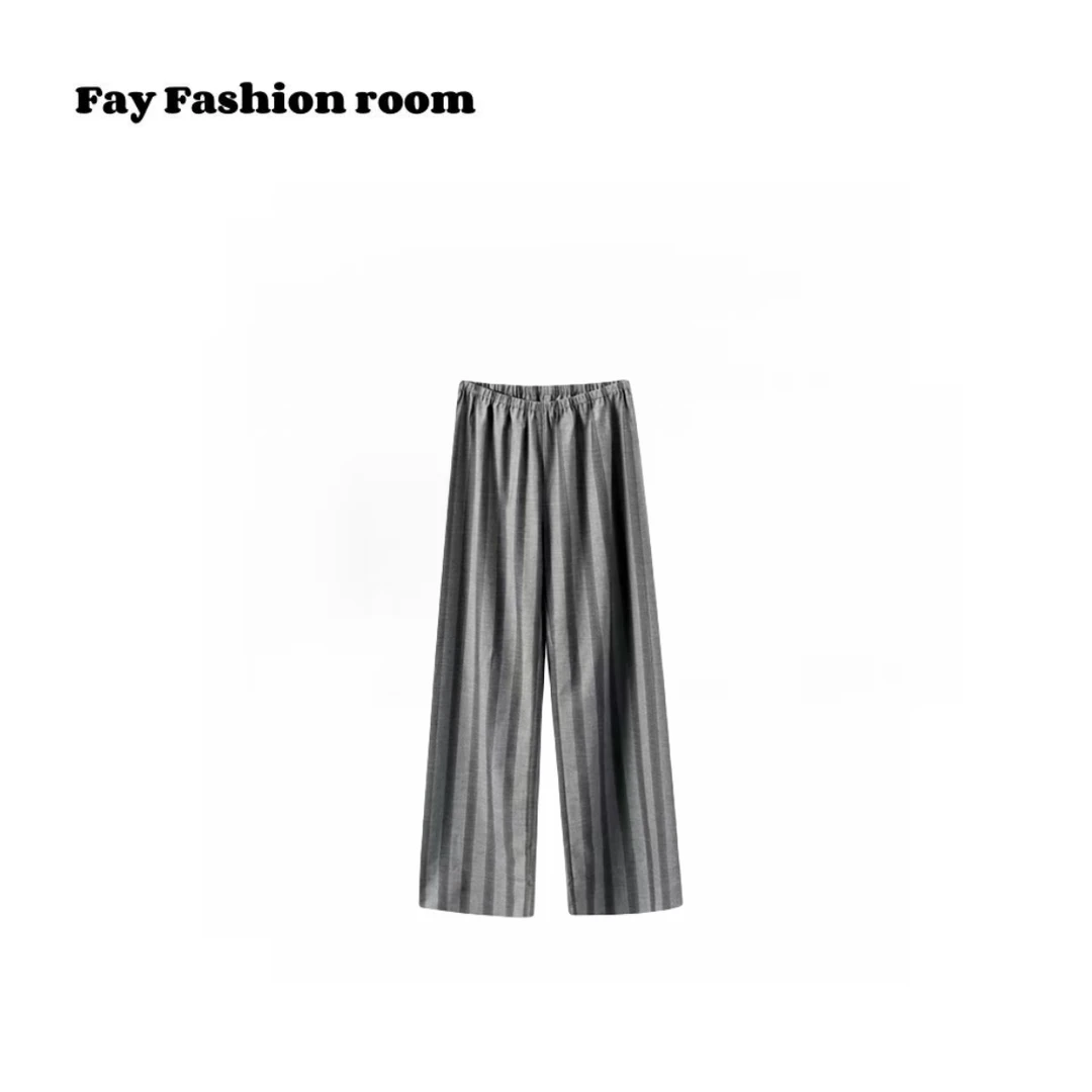 ”格调条纹“长裤高腰直筒垂感裤型灰色系高级感气质宽松垂感直筒裤