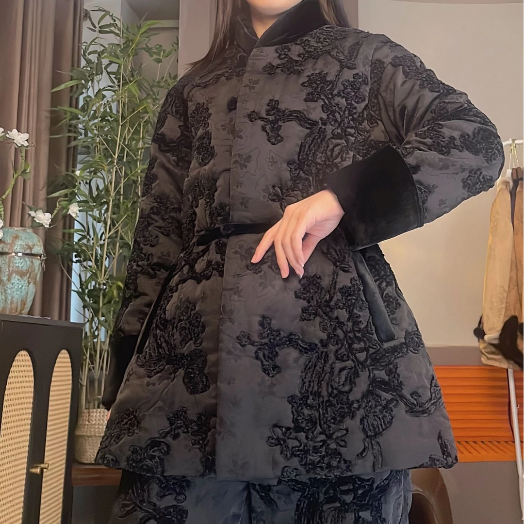 真丝提花立体植绒抽绳收腰中长加棉外套