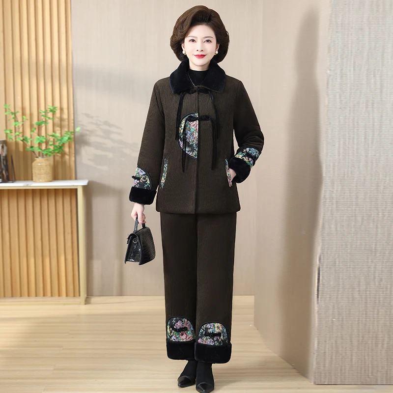 妈妈冬装两件套装加绒加厚秋冬外套中国风中老年人套装休闲上衣