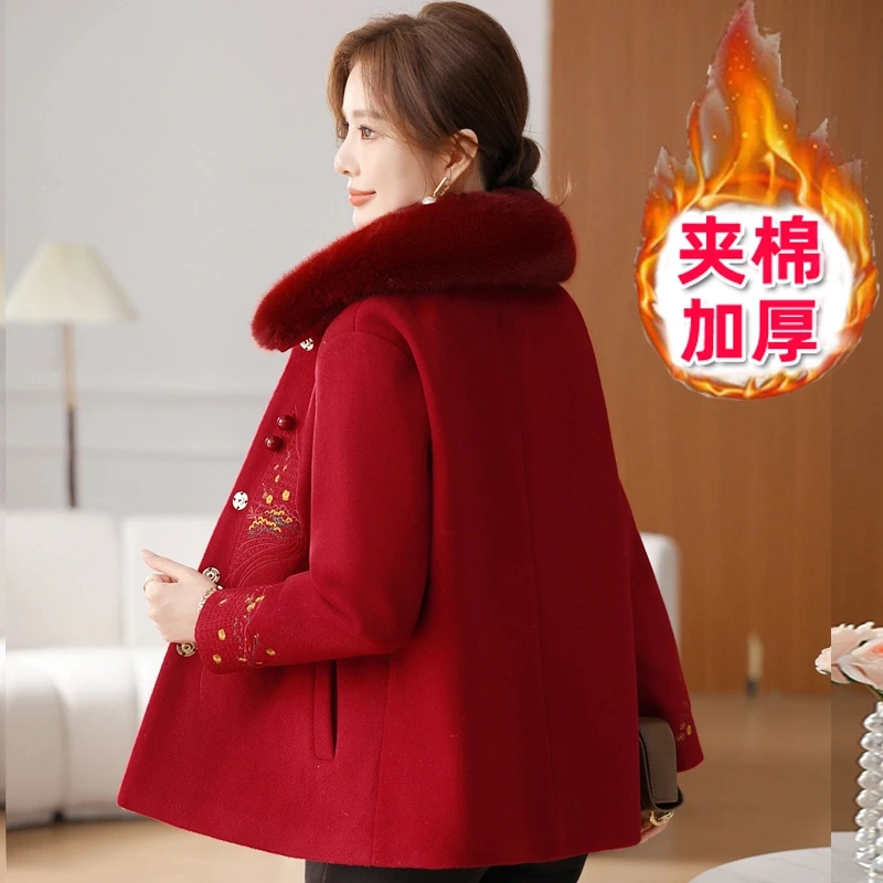 冬季夹棉加厚毛呢外套本命年妈妈秋冬装中老年喜庆婚宴喜婆婆棉衣