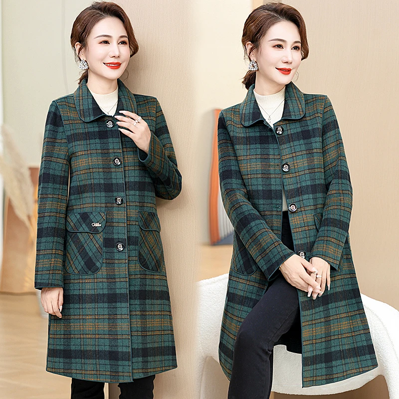 【中长款】加厚新款女装中老年妈妈秋装洋气双面呢大码加绒格子大衣