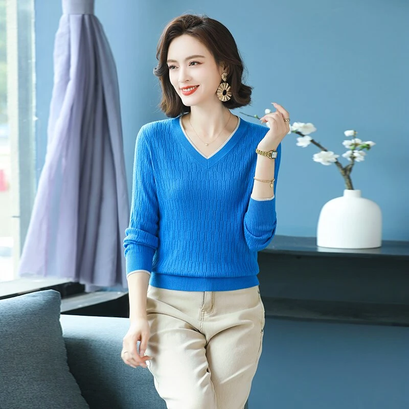 2024年新款纯色时尚百搭垂感气质显瘦宽松休闲V领套头长袖针织衫