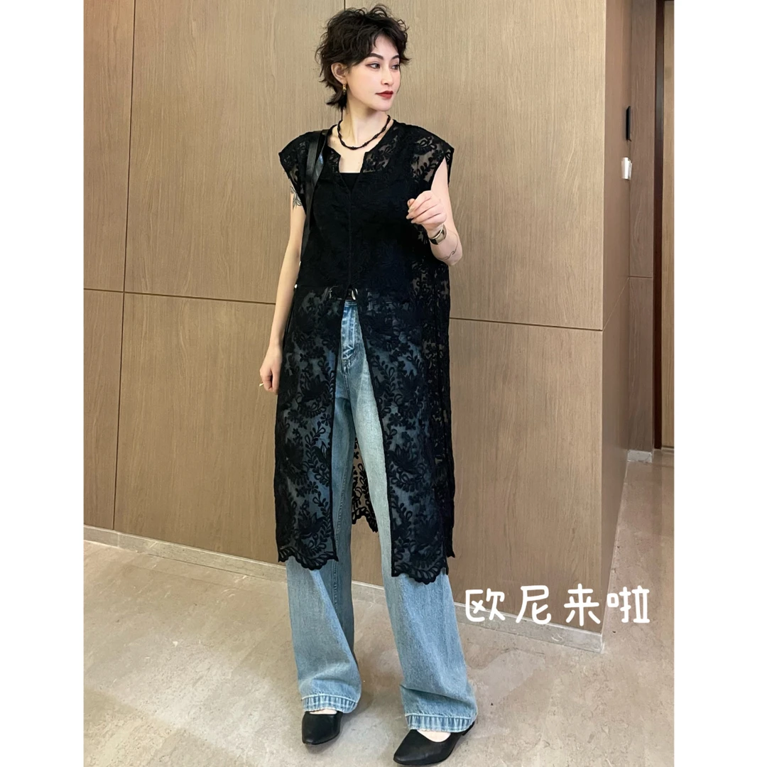 YouYou【下雨天】2024春款提花蕾丝镂空休闲宽松连衣裙LYQ5587N