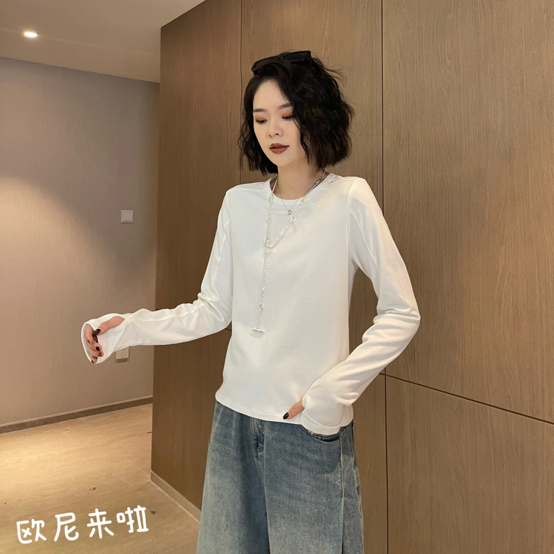 YouYou【粥可温】圆领纯色前肩线显肩窄打底 / 竖缝线 T恤TX5078N