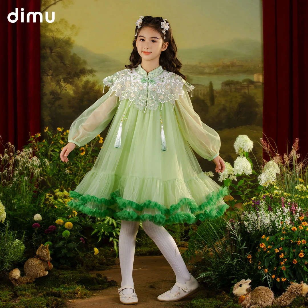 笛牧儿童小女孩2024秋冬新款洋气中国风女孩新中式绿色裙子宝宝