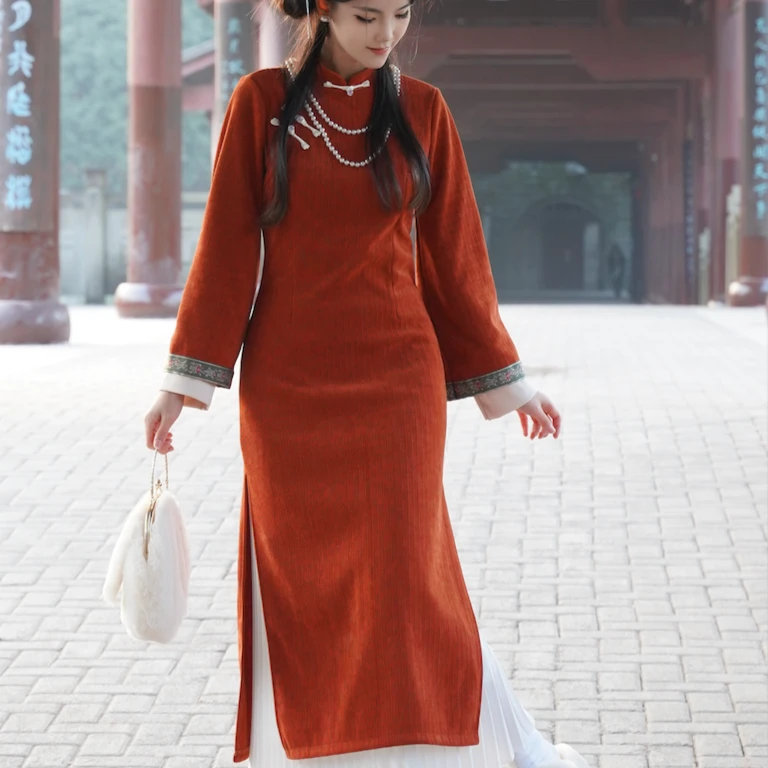 婳姬夫人原创自定制高级简约温柔显白新中式国风朱砂红旗袍连衣裙