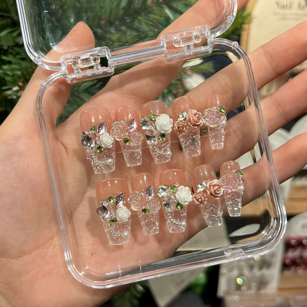 【冰山茶发】穿戴甲纯手工纯欲风立体花花设计高级感光疗甲