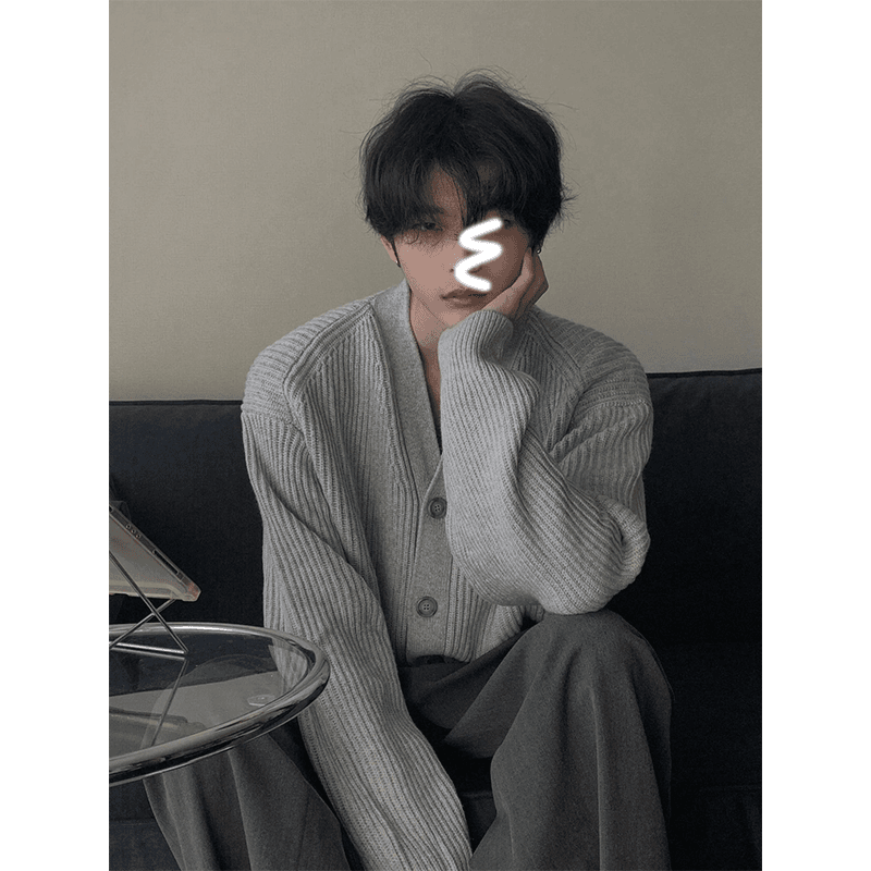 浅灰色v领毛衣男冬季韩系宽松慵懒风高级感oversize针织开衫外套