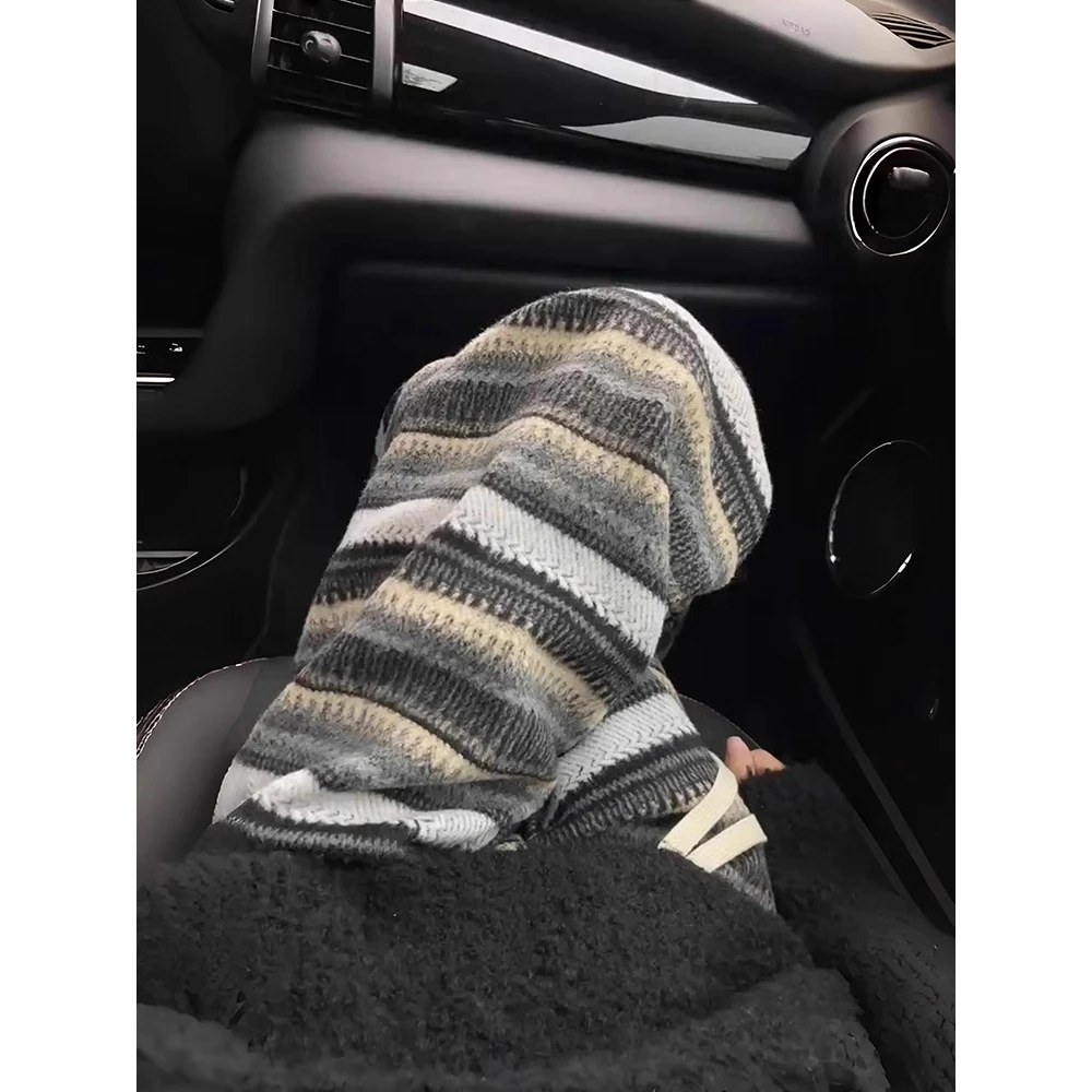 民族风条纹垂感毛呢重磅休闲裤男秋冬国潮潮牌慵懒风直筒阔腿裤子