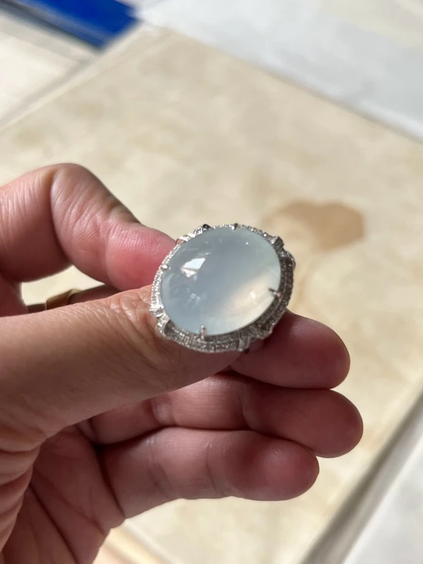 缅甸翡翠a货18k金镶嵌冰种翡翠戒指裸石20.5/17.6mm