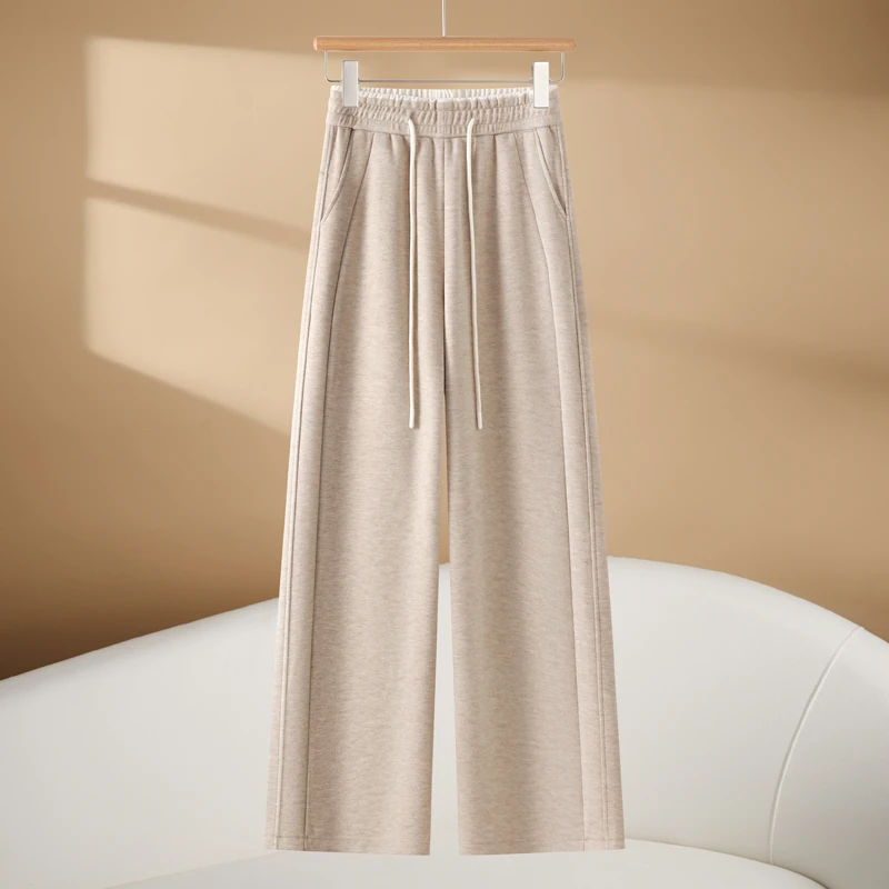 高端毛呢阔腿裤女2024年秋冬季新款松紧腰高腰宽松厚款直筒糯米裤