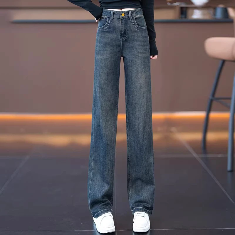 复古加绒窄版阔腿牛仔裤女2024年新款秋冬季高腰显瘦宽松直筒裤子