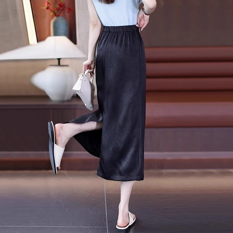 高级感醋酸缎面半身裙夏季薄款2024新款高腰a字一步裙开叉包臀裙