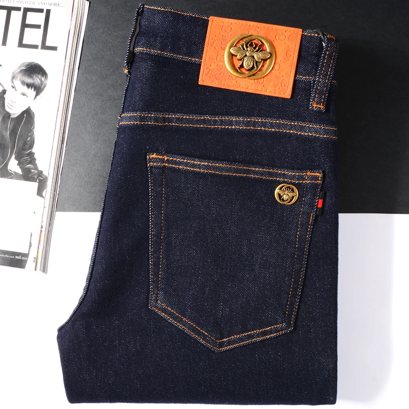 秋季深蓝色牛仔裤男士欧美潮牌简约百搭修身小脚微弹力长裤子普洗