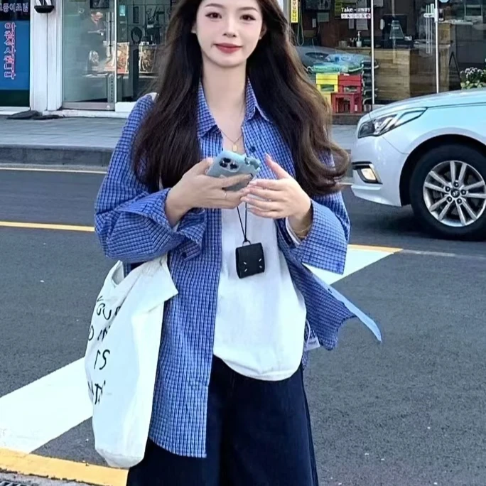 休闲复古格子衬衫女2025春夏季高级感开衫衬衣胖MM宽松显瘦上衣