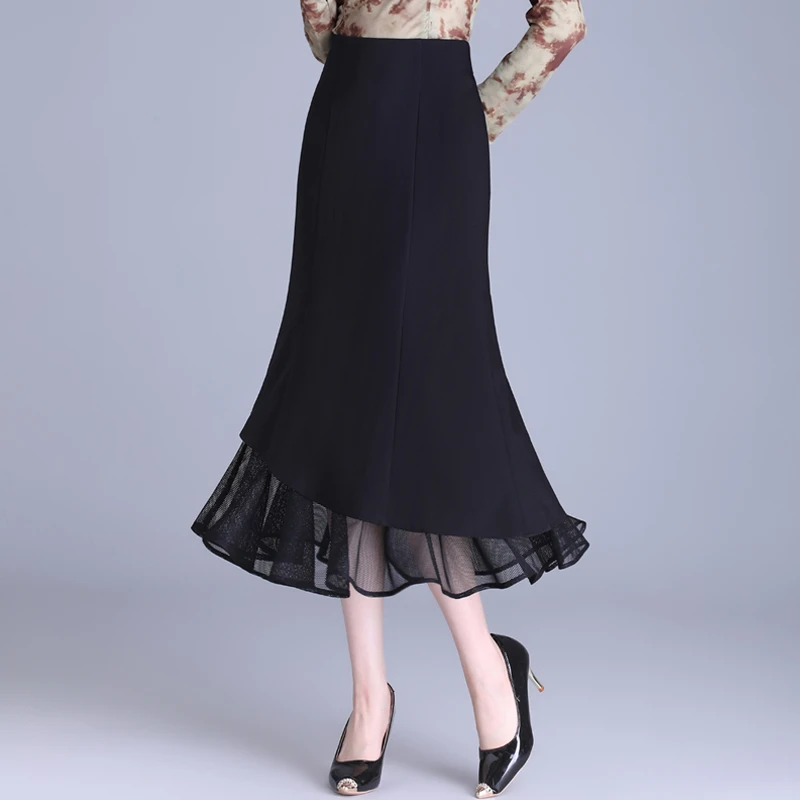 高腰长款鱼尾裙女春秋2024新款不规则网纱半身裙百搭黑色包臀裙子