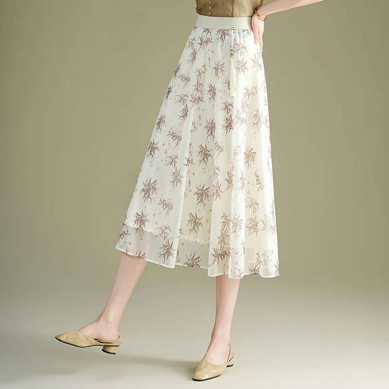 碎花网纱半身裙子女夏季中长款A字裙2025新款垂感薄款小个子伞裙