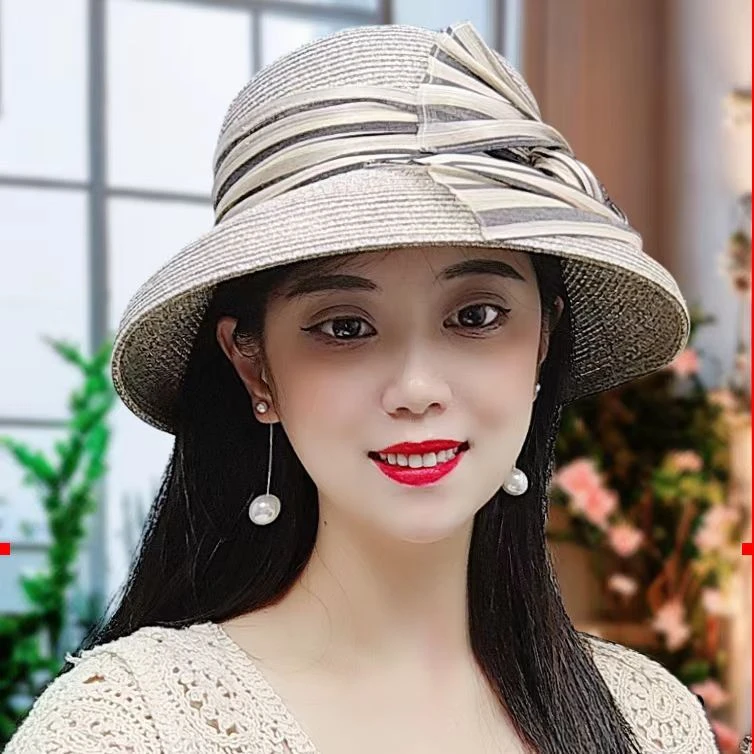 秋季新款太阳帽防晒遮阳帽女透气麻纱装饰赫本风草帽