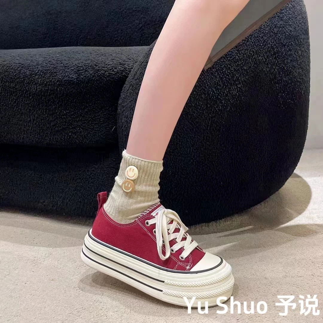 春秋款红色帆布鞋潮流复古ol学生系带大头厚底鞋经典韩版鞋子