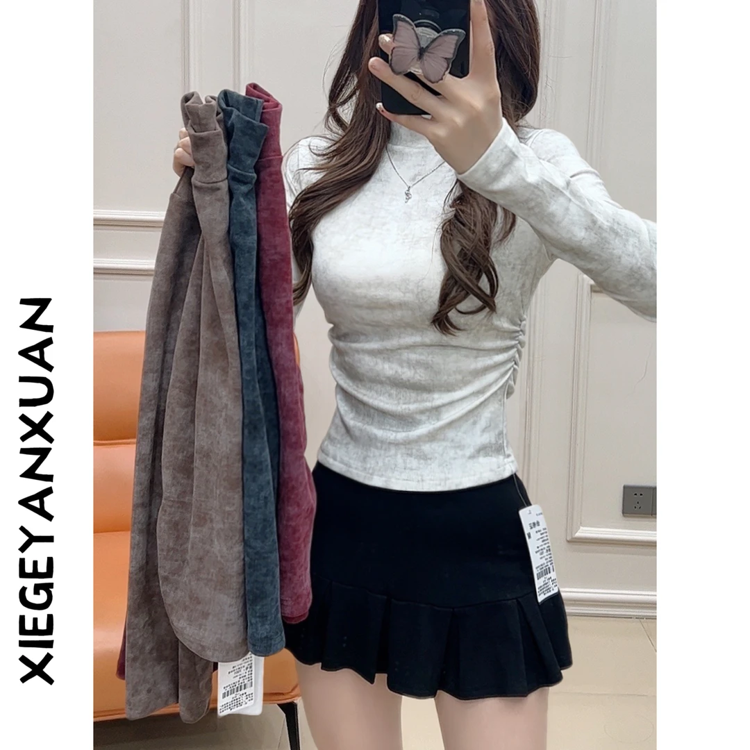 秋冬打底衫女半高领褶皱收腰扎染正肩长袖设计感德绒内搭上衣