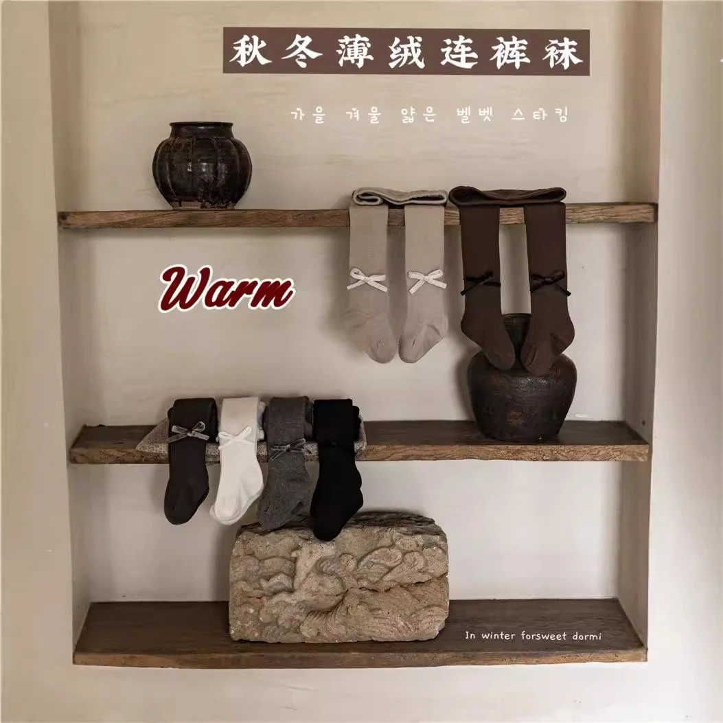 冬季新款儿童连裤袜宝宝加绒蝴蝶结打底裤磨毛薄绒裤子时尚百搭