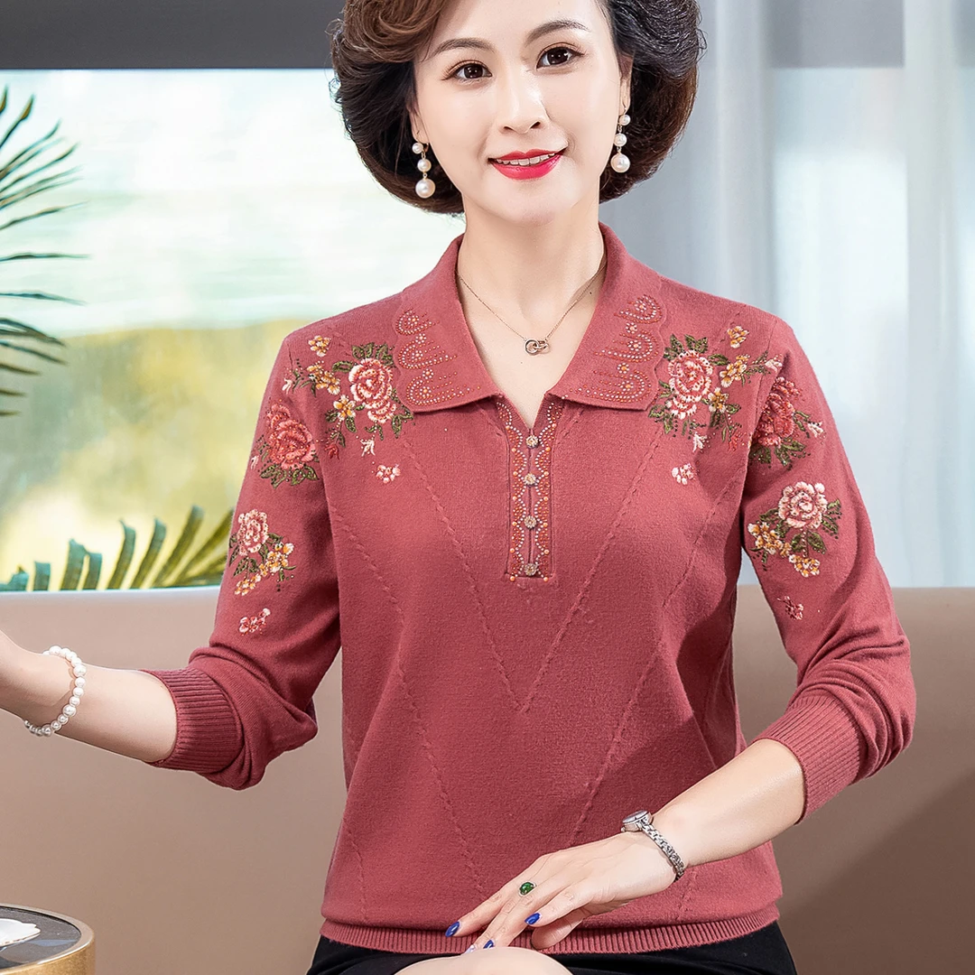 中年妈妈装时尚打底衫女2024早秋新款洋气翻领时尚薄款针织衫上衣
