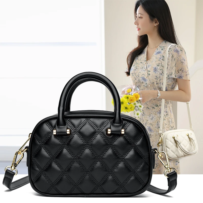 时尚菱格手提妈妈包2024新款简约大气单肩包真皮潮流斜挎女士包包