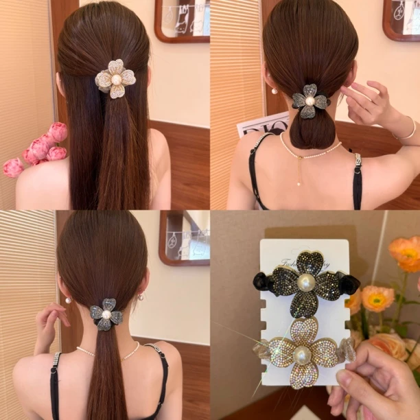 轻奢满锆太阳花网纱发圈韩版简约高级感马尾头绳丸子头发饰皮筋