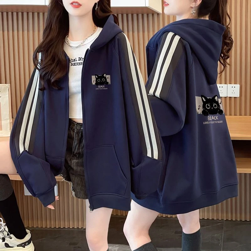 休闲百搭纯棉连帽开衫外套女春秋季2024新款韩版大码网红薄款上衣