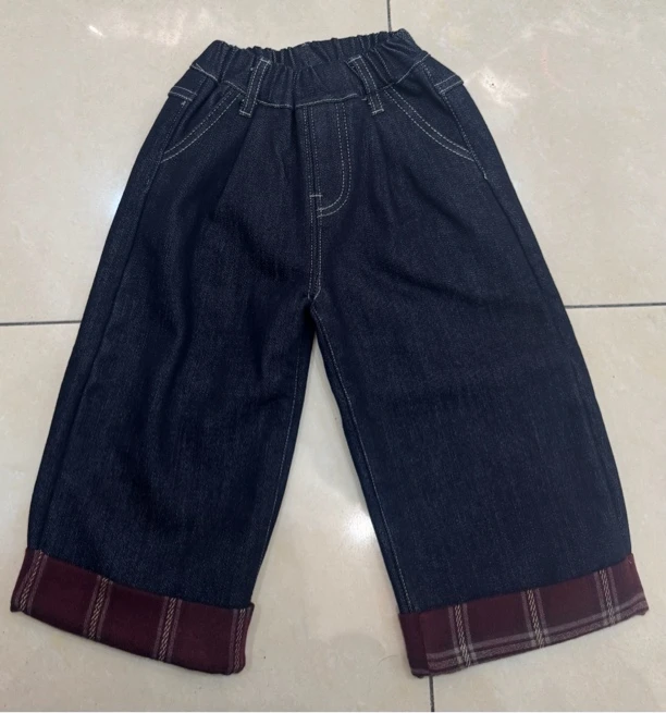 女童复古牛仔裤加绒加厚翻边阔腿裤秋冬装新款