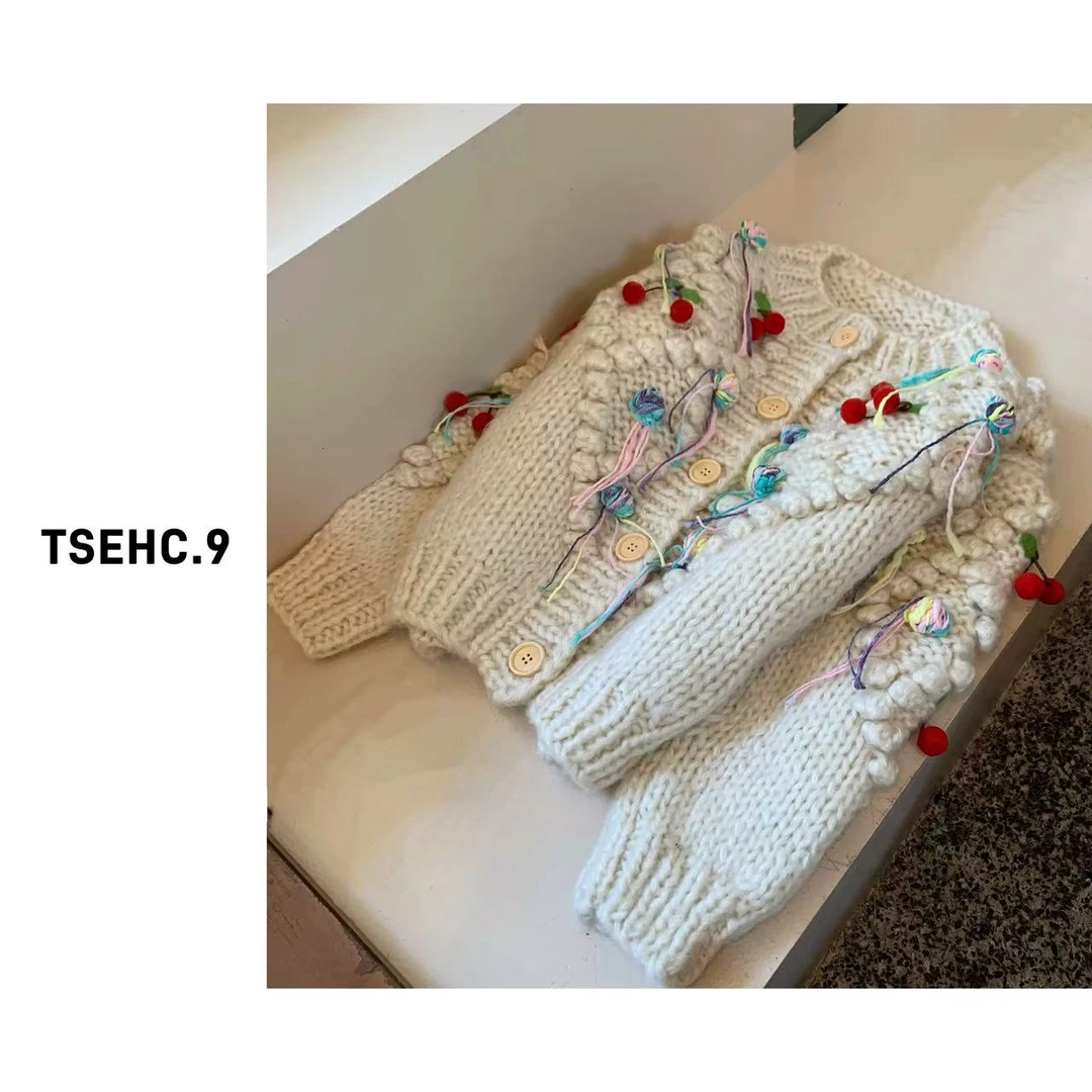 TSEHC.9韩版纯手工重工复古立体球球樱桃流苏圆领休闲针织衫R2