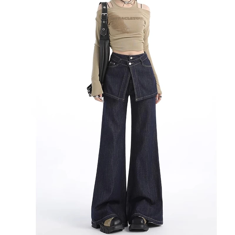 假两件深蓝色牛仔裤女春秋2024新款高腰显瘦设计感阔腿喇叭裤潮