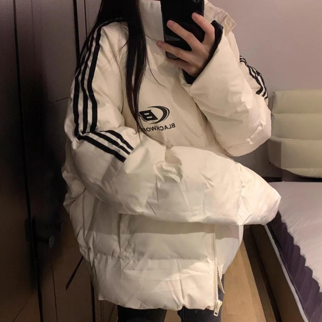 美式侧边条纹字母印花棉服女2024冬季潮牌加厚情侣面包服棉衣外套