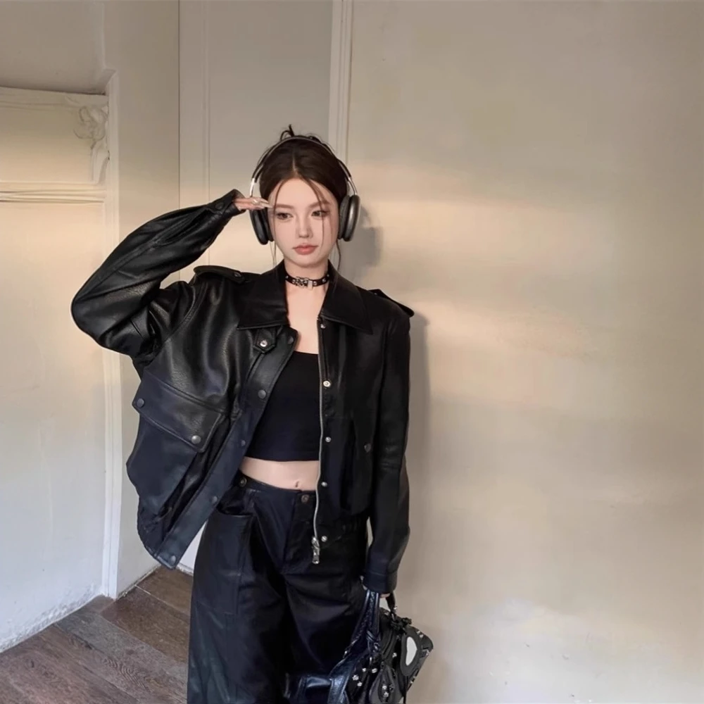 美式复古黑色翻领皮衣外套女秋冬季新款小众宽松机车服皮夹克上衣