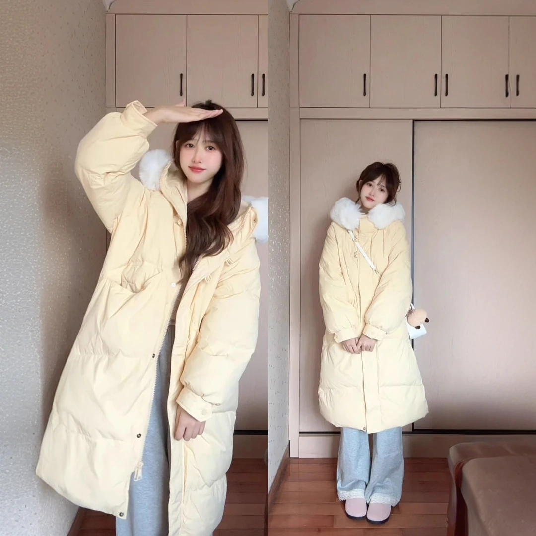 韩系穿搭中长款毛领连帽棉服女2024冬季温柔宽松加厚保暖棉衣棉袄