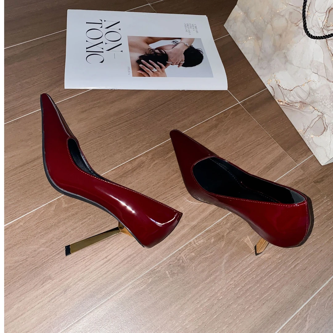 杨树林小金条2024秋冬新款黑色女士性感细跟高跟鞋单鞋酒红色女鞋