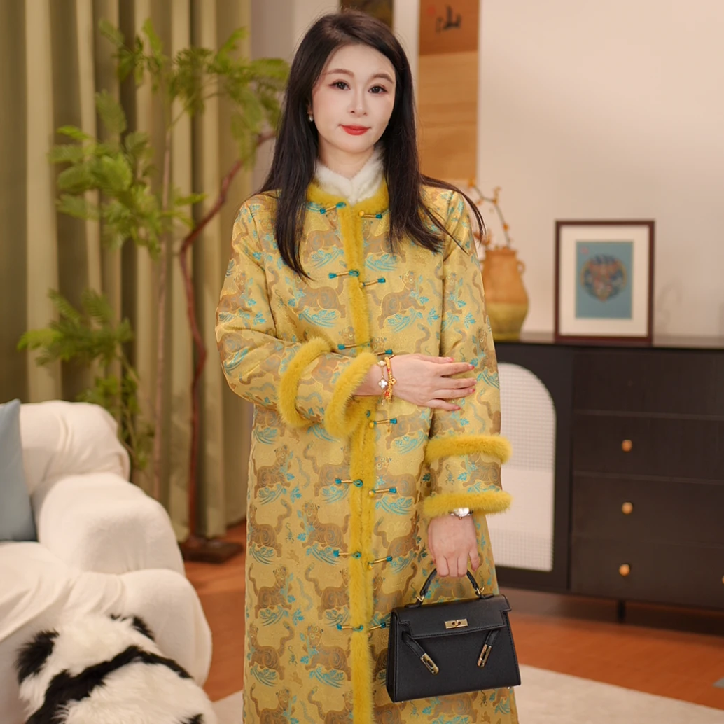 【贺贺·金·虎镇五毒】桑蚕丝宋锦长款棉服冬天网红款外套J5102