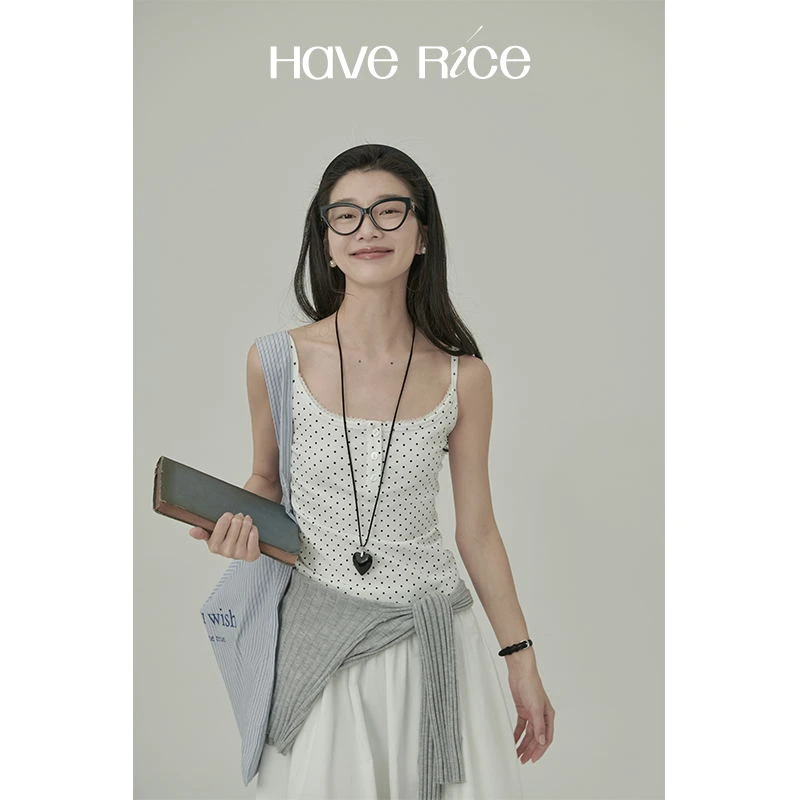 【波点吊带】夏日波尔卡 复古百搭亨利领蕾丝边波点印花吊带背心