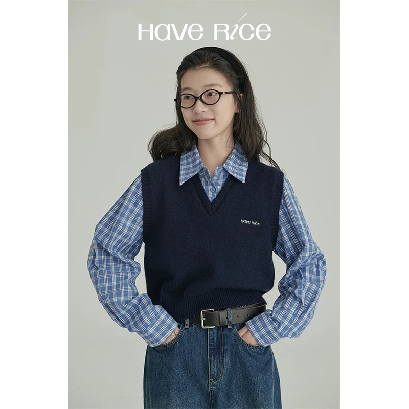 【毛织背心假两件】海盐学院 韩系休闲蓝格纹衬衫假两件毛衣