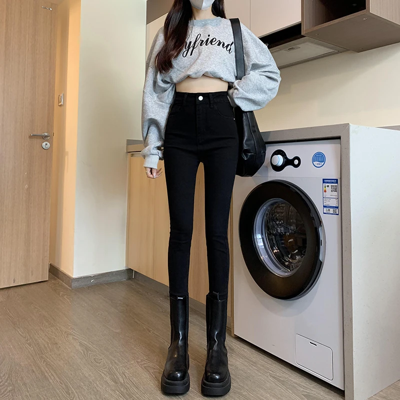 牛仔裤女2023秋冬高腰显瘦大码修身弹力百搭黑色小脚铅笔裤子