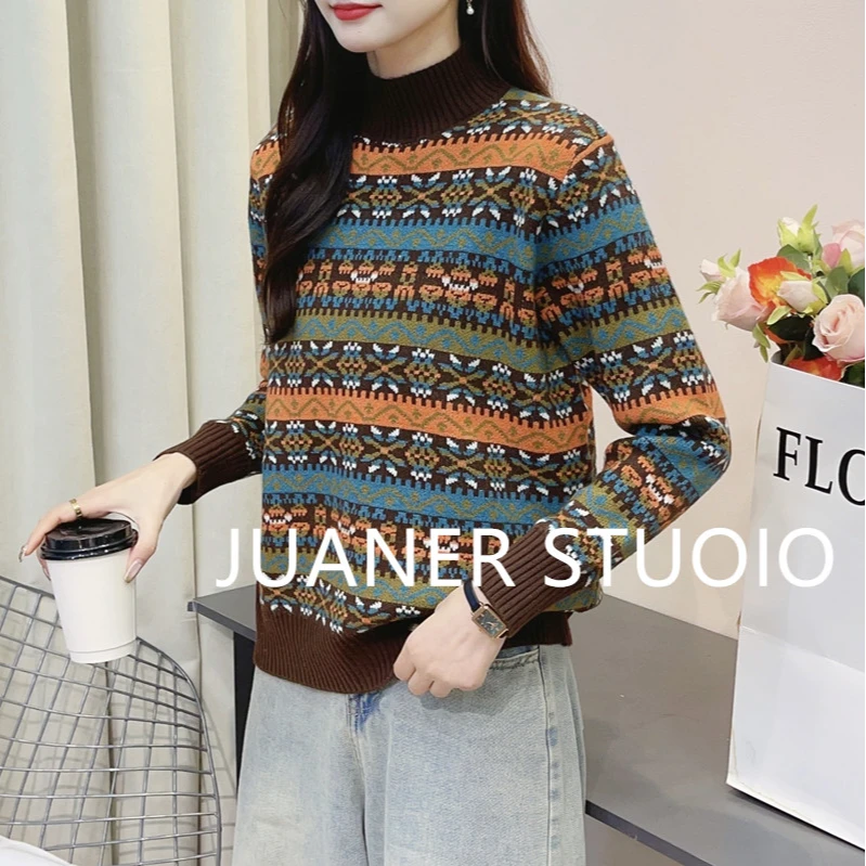 半高领毛衣女士套头秋冬新款时尚洋气宽松针织打底衫内搭上衣加厚