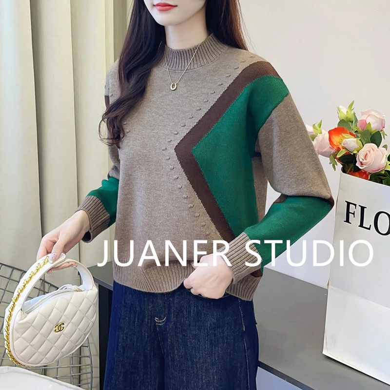 半高领拼色毛衣女士秋冬新款时尚洋气宽松百搭打底针织衫长袖上衣