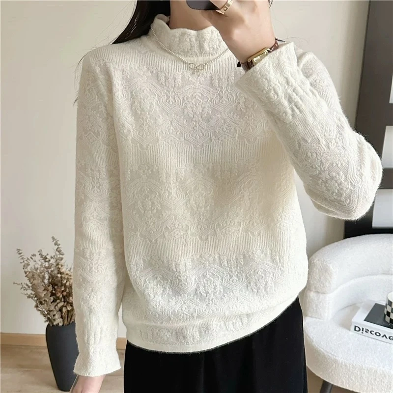 半高领打底衫女秋冬新款时尚洋气宽松毛衣勾花针织衫内搭套头上衣