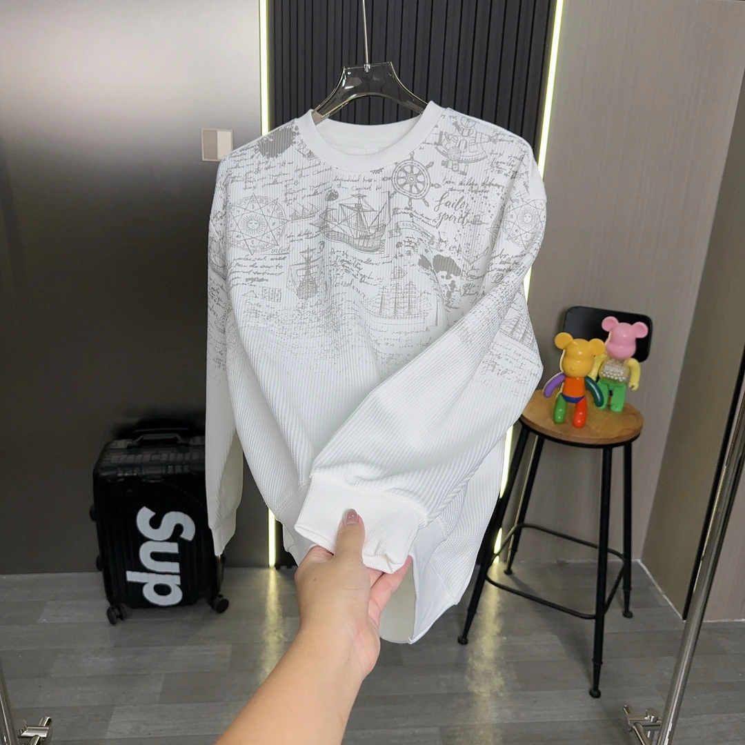 秋季新款圆领印花T恤男士长袖休闲宽松套头体恤衫帅气上衣1570