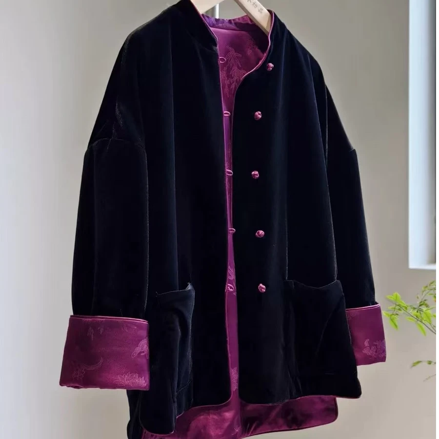 2024冬季新中式两面穿丝绒加厚棉衣外套女装国风宽松显瘦百搭棉服