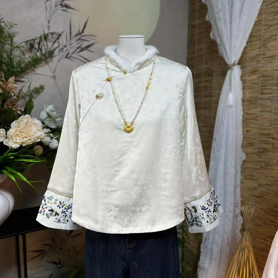 新款刺绣新中式毛毛加绒打底国风衬衣