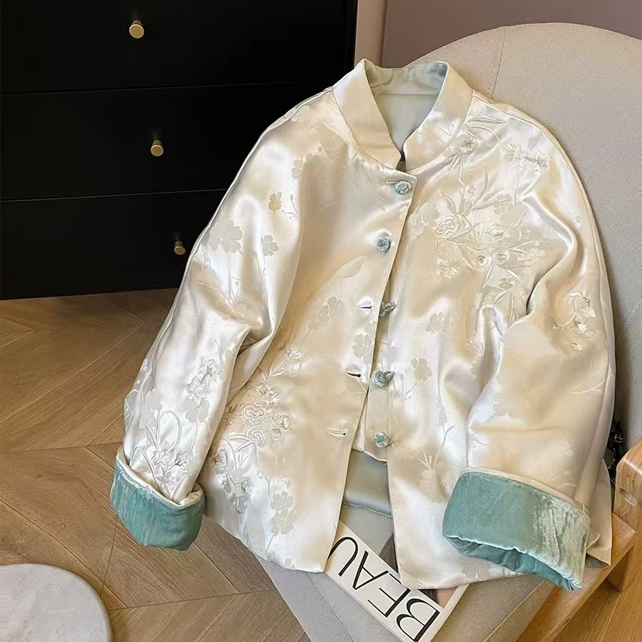 新中式国风刺绣棉服外套女2024冬季新款复古立领夹棉上衣棉袄